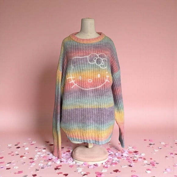 Hello Kitty x Forever 21 Pastel Rainbow Long Sleeve  Oversized Knit Sweater L - Picture 1 of 6